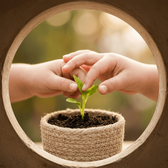 Child touching a small sprout