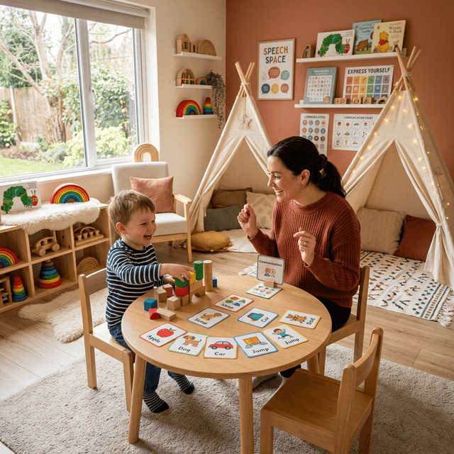 Child and therapist interacting in a warm playroom
