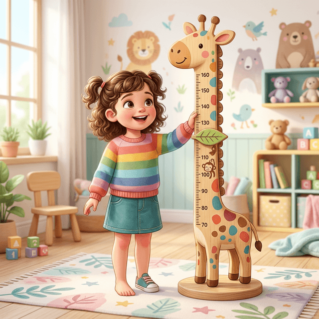 Happy child measuring height